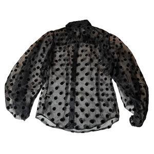 Boston Proper Sheer Black Polka Dot 3/4 Sleeve Button Up Collar Blouse sze Small